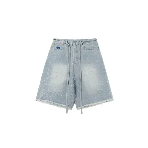 Aelfric Eden Men's Rhinestones High-Waist Oversized Cotton Denim Shorts with Pockets & Button - Chic Streetwear Bottom, Casual Vintage Jorts, Summer Father's Day Gift, Preppy Baggy Fit, Hand Wash Only, Mens Fashion Clothes