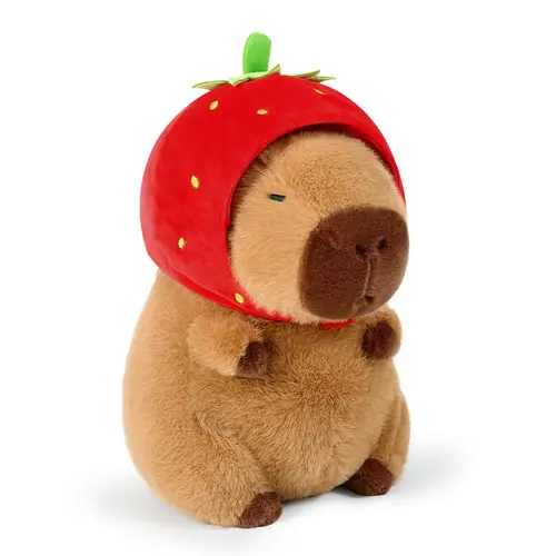 PEACHCAT Cute Capybara Plush Wear Strawberry Hat Soft Capibara Stuffed Animal Plushies Toys Squishy Hugging Gifts for Kids Brown 9 inch   Stuffed Toys kids, birthday, gift ,stuffed,cute girly gifts,comfort plush,soft animal decoration toy,#sohochic