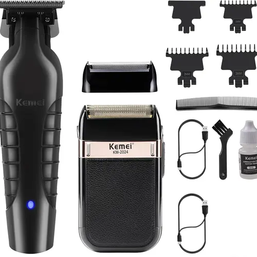 KEMEI Men's Professional Waterproof Aluminum Foil Shaver, with replaceable aluminum foil screen, zero gap hair clipper, men's cordless electric shaver, men's grooming shaving kit, KM 2299, KM 2024 Black Facial Razors Set Smooth Daily