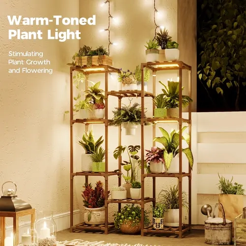 Bamworld Freestanding Wood Frame 30-Inch Center 10-Shelf Large Indoor Plant Stand with Warm Grow Light, Boho Home Decor for Living Room, Gardening Supplies, Plant Shelf, 10 Shelves