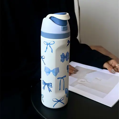 Bow Pattern Stainless Steel Vacuum Flask, 1 Count Portable Insulated Water Bottle with Straw, Summer Cool Drinking Cup for Home, Office, School and Outdoor Camping, Drinkware