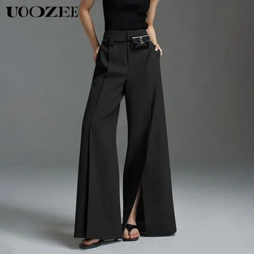 UOOZEE Lady's High-Waisted Basic Split Pants - Loose Wide Pleated Trousers, Light Plain Fabric, No Belt, Fitted Bottom, Minimalist Women's Clothes, Office Work Clothes, Button-Accented Pants for Women