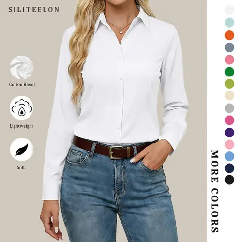 Siliteelon Button Down Dress Shirts for Women Long Sleeve Classic Fit Purple Shirt Woman Work Business Casual Collared Blouse Tops Formal Colorful Outfits | Spring Summer Outfits Inspo tiktokshopspringglowup Summervibes Denim summerwins
