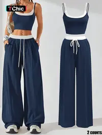 Two-Piece Set Women's Colorblock 2 in 1 Cami Top & Wide Leg Pants Set, Casual Sleeveless Top & Pocket Trousers, Ladies Summer Clothes, Casual Lounge Set, Stretchy Outfit Sets, Camisole Sets, Pants Loungewear Set