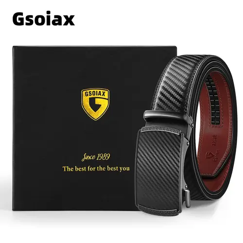GSOIAX Men's Genuine Leather Adjustable Strap Belt - Auto-Adjusting Ratchet Easy Release, High Quality Buckle, Designer Dress & Casual Wear, Exquisite Gift Box Packaging for Holidays, Genuine Leather Belt