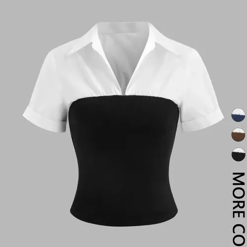 Women's Colorblock Short Sleeve Business Casual Blouse, Casual Top for Summer, Ladies Clothes for Daily Wear, Everyday Shirts, Basic Casual Shirts, Blouses Shirts Tops