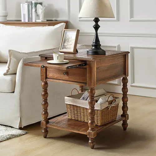 HULALA HOME Ira 26" Tall Farmhouse Solid Wood End Table with Built-in Charging Outlets Computer Tray & Extendable Trays Versatile Functionality for Living Room Storage