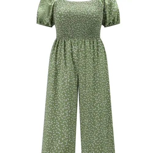 [Plus Size] All-Over Print Shirred Wide-Leg Jumpsuit, Casual Short-Sleeve Jumpsuit for Summer, Women's Plus-Size Clothing for Daily Wear, Casual Jumpsuits