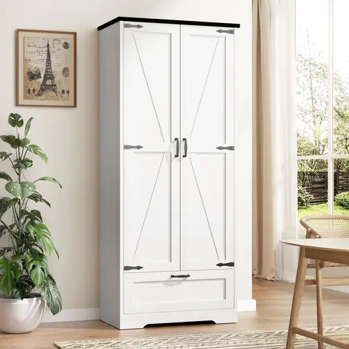 Walsunny White Kitchen Pantry Cabinet, 65"Farmhouse Tall Storage Pantry Cabinet with Adjustable Shelves & Barn Doors, Freestanding Kitchen Cupboard for Dining Room, Living Room