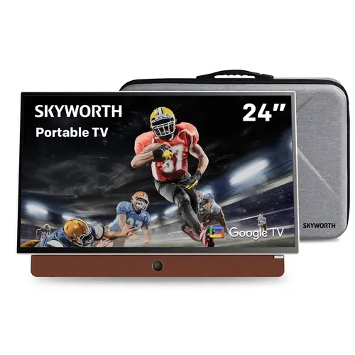 Skyworth 24 In Leather Frame Portable TV, 1080P FHD Matte Screen Google LED TV with HDR10, Dolby Sound, Bluetooth, Chromecast, Voice Control, High-Performance Battery, 12V5A Cordless, Handle Carry & Go for Travel, Camping Movie Ready