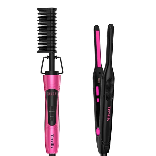 Terviiix 2-in-1 Pencil Flat Iron & Electric Hot Comb, Smooth Hair Straightening Iron Hair Tool for Blowout at Home & Curly to Straight Transformation