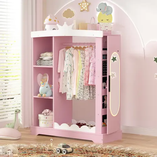 Topwin Kids Single-Unit Princess Bedroom Armoire, Multi-Functional Indoor Furniture with Lighted Full-Length Mirror, Velvet Jewelry Safe, Wave Trim Shelves, Polyvinyl Chloride (PVC) Storage, Heart-Shaped Cutout, Pink & White