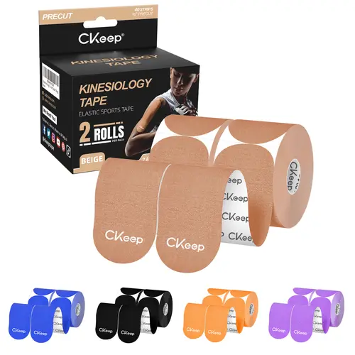 Ckeep Precut Kinesiology Athletic Tape, 2 Rolls Latex-Free Cotton Stretch Muscle Support Sports Tapes with Rounded Edges for Knee Pain Relief
