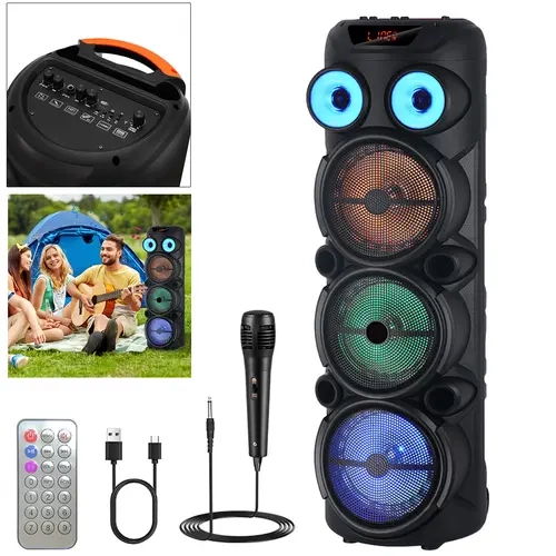 Portable Bluetooth PA Speaker System with 3 x 8" Woofers, Wired Microphone, Colorful LED Lights, Audio Playback, Card Slot, Control Buttons & Fast Charging for Party Use,back to school,back to school haul
