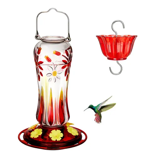 Kingsyard Hanging Hummingbird Feeder - Bird Feeders for Outdoors, 25oz Glass Body, Ant Moat, 6 Ports, Leak Proof, Floral Shapes, Flat Base Steady Fill, Perch + Feed Space, Spring Garden Decor, Gold Design Award Winner, Feeding Tools, Multiple Perches, 6Po