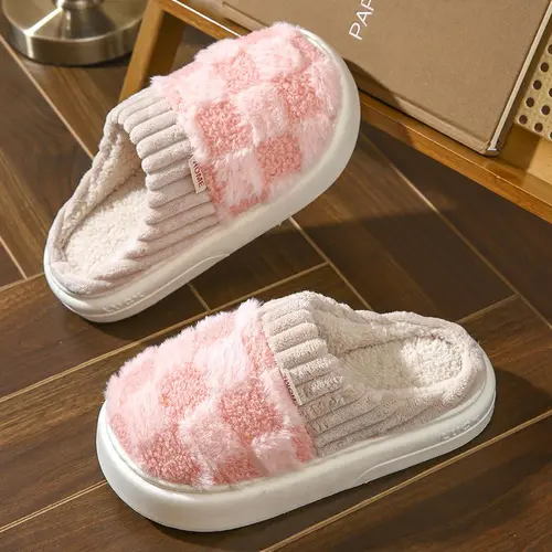 Women's Cotton Slide Slippers - Stylish, Cute Casual Footwear, Plaid Cuff Design, Warm Fuzzy Fleece, Non-Slip Soles, Fabric Upper, House Slippers for Indoor Use, Lightweight Slip-On