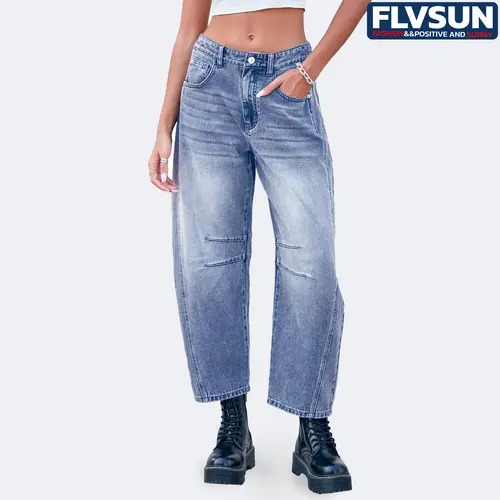 MEIN Women's Mid-Waist Stretchy Denim Jeans - 5-Pocket, Button Fly, 90s 2000s Vintage Trendy Fashion Simple Style Straight Leg Hip Cropped Baggy, Streetwear Everyday Easter Basic Plain Bottoms