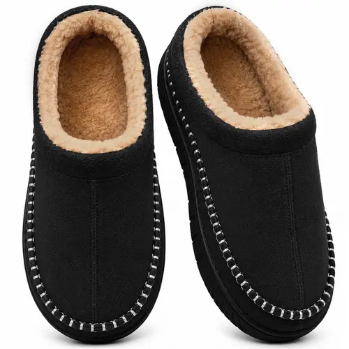 SHOESLOCKER Men's Winter Anti-Slip Classic Moccasin Slippers - Brown Microsuede, Thick Rubber Sole, Memory Foam Insole, Low-Heel, Plush Fleece Lining, Indoor-Outdoor Footwear - Fathersdaygift, Boyfriend, Husband, Gifts for Him, BF Birthday Gift, Men's Stu
