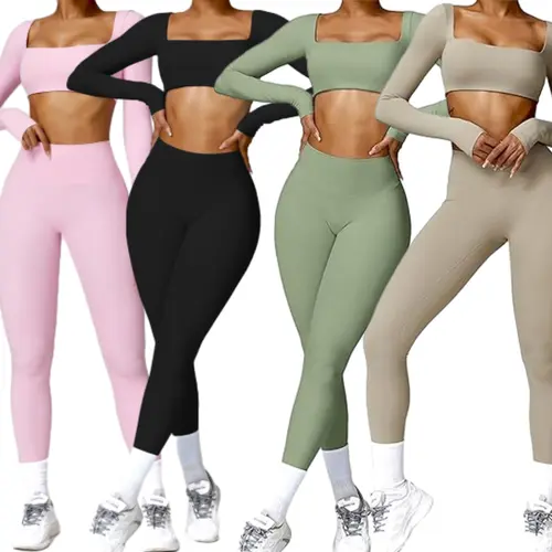 Women's Solid Square Neck Crop Top & High Waist Flare Leg Pants Tracksuit Set Sporty Mufti Clothes Long Sleeve Lightweight Breathable Fabric for Yoga Gym Leggings