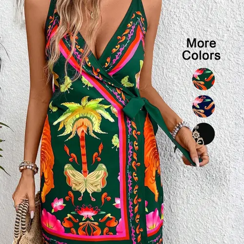 Women's Tropical Floral Print V Neck Short Dress, Feminine Boho Bohemian Casual Summer Woven Fabric, Fitted Style with Adjustable Side Tie Design, Perfect for Vacation Summer Dresses