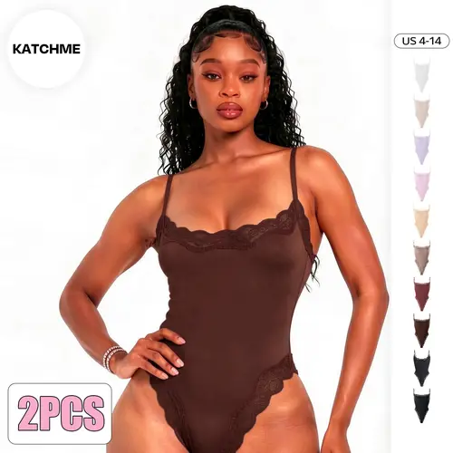 KatchMe Lace Series Women's Spaghetti Strap Lace Trim Breathable Bodysuit, Minimalist Chic Sleeveless Bodysuit, Seamless Fitted Plain Lightweight Bodysuits