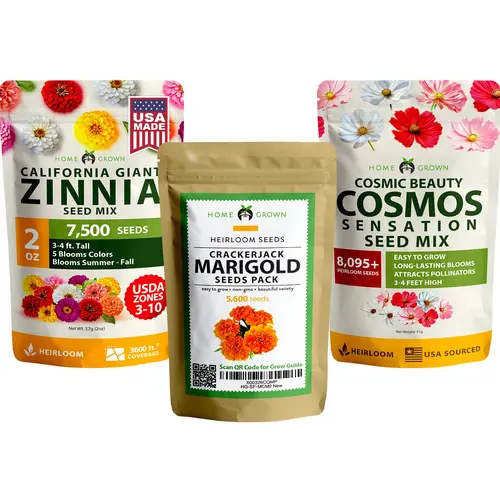 Vibrant Grow-At-Home Flower Variety Pack - Marigold, Zinnia Seeds Mix, Cosmos - 21000+ Seeds for Outdoor Round/Compact Cut Gardens