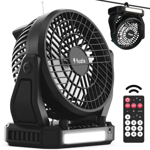 Fuzix Aero Multifunction Solar Powered Cooling Fan - Compact Rechargeable Fan with 3 Wind Speeds, Adjustable LED Light, Bluetooth Speaker, Foldable Hanger Hook, Flashlight, FM Radio, AUX, USB Port, Micro SD Inputs, Batteries, Multifunction Rechargeable Fa