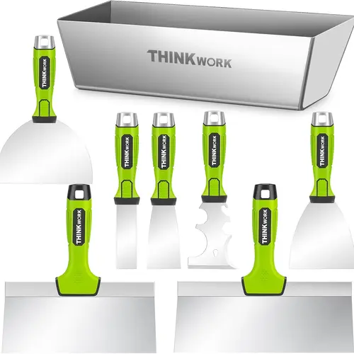 【BackToSchool】THINKWORK Drywall Tools, 8Pcs High Quality Stainless Steel Drywall Knife Set, Putty Knife with Mud Pan, Ergonomic Grip Tapping Knife with Hammer End for Drywall Work