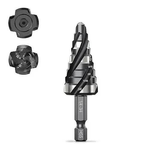 【BackToSchool】THINKWORK Four Spiral Flute Step Drill Bit, HSS Step Drill Bit 1/4"-3/4" (9 Steps) Unibit Step Drill Bit, 1/4" Shank Step Bits for Aluminum, Wood, Plastic, Metal