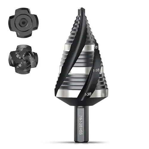 【BackToSchool】THINKWORK Four Spiral Flute Step Drill Bit, HSS Step Drill Bit3/16-1-3/8 (3 Popular Sizes) Unibit Step Drill Bit, 1/4" Shank Step Bits for Aluminum, Wood, Plastic, Metal