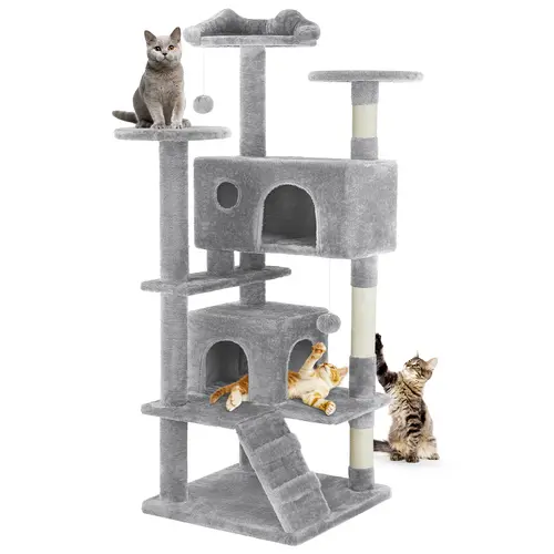Sweetcrispy 54in Tall Medium Modern Space-Saver Cat Tree Tower (50x50cm) for Indoor Cats, 3-Tier Plush Striped Pet Furniture with Non-Slip Base, Sisal Vertical Scratcher, Climbing Ladder, Cooling Toy That Provides Entertainment