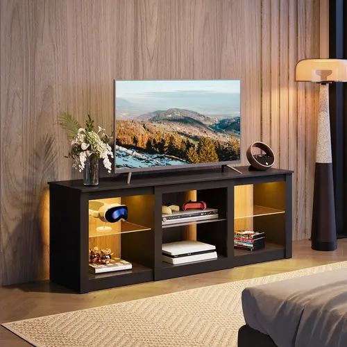 WLIVE Sturdy LED TV Console Cabinet - 65" TV Fit Living Room Furniture, Minimalist Design with Adjustable Glass Shelves, Glass Shelf Display, Customizable LED Lighting, Built-in Drawers & Multimedia Centre