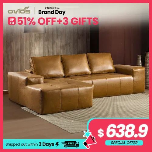 【2 Packages Shipping】Ovios 114" Oversized Modular Couch with Chaise, Tech Oil Wax Fabric Boneless Sofa Upgrade,No Assembly Required - L-Shaped Sectional Sofa Set with Flexible Configuration - 3 Seater