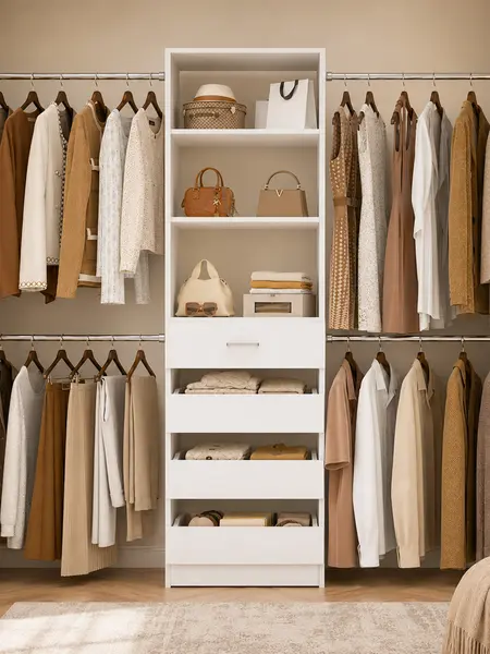 75''-115'' W Adjustable Closet System with 4 Wood Drawers and Hanging Rods, Modern 4-9FT Walk-in Closet Organizer Wardrobe Rack with Shelves,  Aesthetic Design Bedroom Organizing Closet Organization Home Interior Furniture