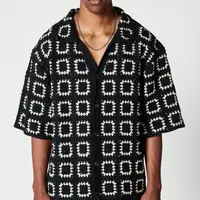 Men's Dark Green Colorblock Knit Button Up Short-Sleeve T-Shirt with All Over Print, Loose Fit Menswear for Casual Vacation, Male Clothing Shortsleeve Clothes,back to school,back to school shopping,clothes for back to school,first day of school outfits