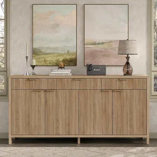 FUSOU 66" W Fluted Mid-Century Buffet - Modern Credenza, 2-Package Shipping, 3 Drawers & 2 Compartments Sideboard, Coffee Bar for Living Room, Dining Room, Natural, SummerVibe, Modern Credenza Cabinet