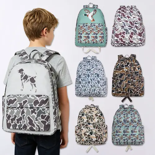 Kids' Casual Camo Dog Print Backpack, Durable and Stylish for School, Outdoor Adventures, and Everyday Wear, Casual Backpack