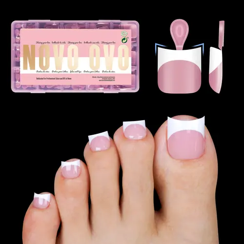 NOVO OVO Acrylic Toe Nails Kit - White French Tip Berry Pink Sharp Square Thick Soft Gel Press Ons, Moon Curve for Medium-Short Beds, 15 Sizes 240 Pcs, Easy DIY Nail Art for Gel/Manicure At Home【No Glue & Top Coat Included】