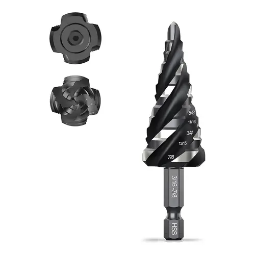 【BackToSchool】THINKWORK Four Spiral Flute Step Drill Bit, HSS Step Drill Bit3/16-7/8 (12 Steps) Unibit Step Drill Bit, 1/4" Shank Step Bits for Aluminum, Wood, Plastic, Metal
