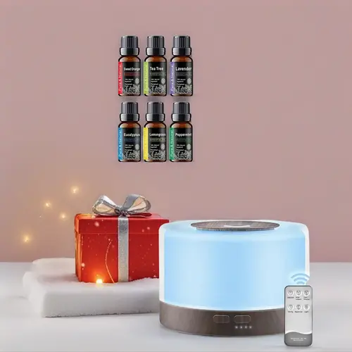 500ml Ultrasonic Multifunction Essential Oil Diffuser - 6 Oils Included, Remote Control Wood Household Room Bedroom Humidifier with 7 LED Color-Changing Mood Lights, Modern Air Purifier