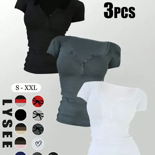 Women's Solid Button Tee, Casual Chic Minimalist Short Sleeve T-shirt for Summer, Summer Tops with Sleeves, Ladies Clothes for Daily Wear