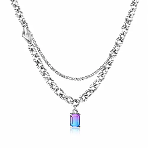 Premium Titanium Steel Double Layer Necklace – Gradient Gemstone Pendant, Unisex Y2K Chain