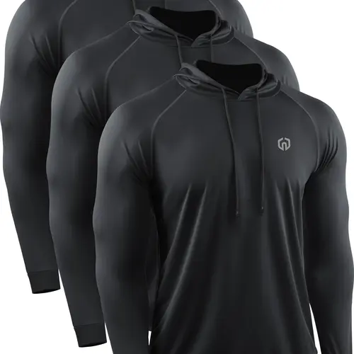 Neleus Men's Long Sleeve Hooded Athleisure Wear, Dry Fit Male Training Top for Gym Workouts and Running, Activewear Clothing, Athletic Training Apparel, Clothes, Twill, Three Pack tiktokshopbacktoschool,back to school,back to school haul