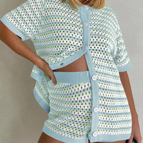 FISOEW Womens Crochet Swimsuit Coverup Summer Beach Sets Striped Knit Short Sleeve Button Shirts 2 Piece Short Set SummerVibes,summeroutfits,vacationoutfits,bathingsuitwomenset,beachoutfits