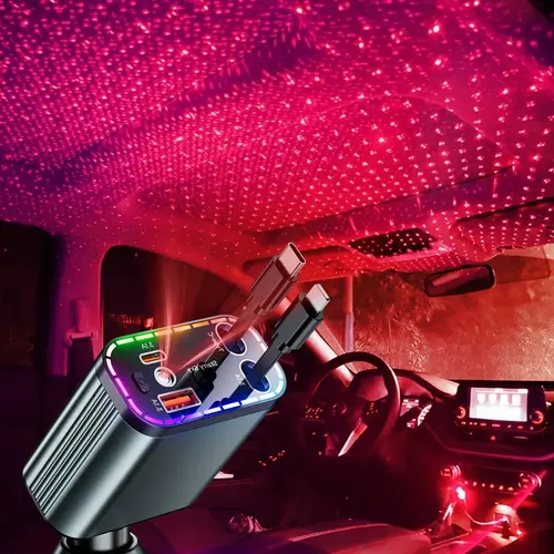 Decorative Light with 4 in 1 Retractable Car Charger Adapter, Starry Sky Light, USB & Type C Ports Car Charger, Car Phone Charger Usb C, Fast Charging Solution, Car Interior Decoration, Retractable Cables