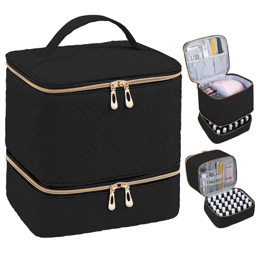 Double Quilted Nail Polish Storage Bag, Portable Nail Polish Nail Kit Supplies Organizer, Gel Nail Polish Carrying Case, Cosmetic Pouch, Makeup Bags, Portable Beauty Organizer, Holds 30 Bottles of Nail Polish