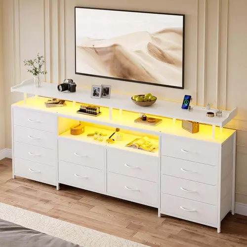Sikaic TV Stand Dresser for 65 Inch TV, 63" W Dresser with LED Lights & Charging Station, White Long Dresser with 12 Fabric Drawers, Entertainment Center with Shelves for Living Room, Home Furniture Christmas Gifts [SohoChic]