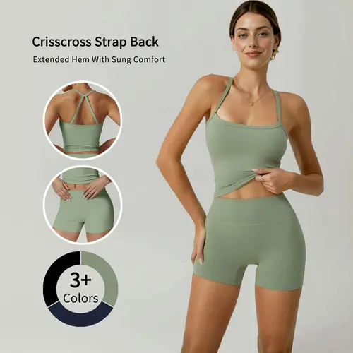 Two-Piece Set Women's Solid Cut Out Cami Top & High Waist Shorts Tracksuit Set Sporty Casual Breathable Quick Drying Outfits for Yoga Gym Workout Running Ladies Tracksuits Sportswear for All Seasons Fall Outfits Lightweight Compression Activewear Gymwear