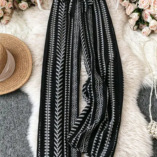 Women's All Over Geometric Print Adjustable Tie Waist Wide Leg Pants, Boho Casual Comfy Trousers for Daily Holiday Vacation Wear, Women's Bottoms for Summer Aesthetic, Casual Fashion Bottoms