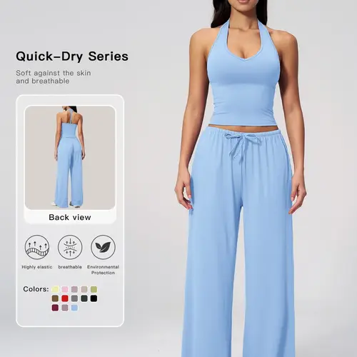 Women's Plain Halter Neck Top & Wide Leg Pants, Solid Sports Sets, Casual Sleeveless Top & Pants for Daily Outdoor Wear, Ladies Sportswear for Tennis Running, Workout Clothes, Athletic Clothes Set
